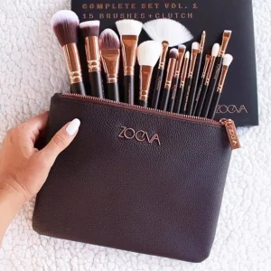 Makeup Brush Set 15 Pcs Travel Clutch Brown Rose Gold