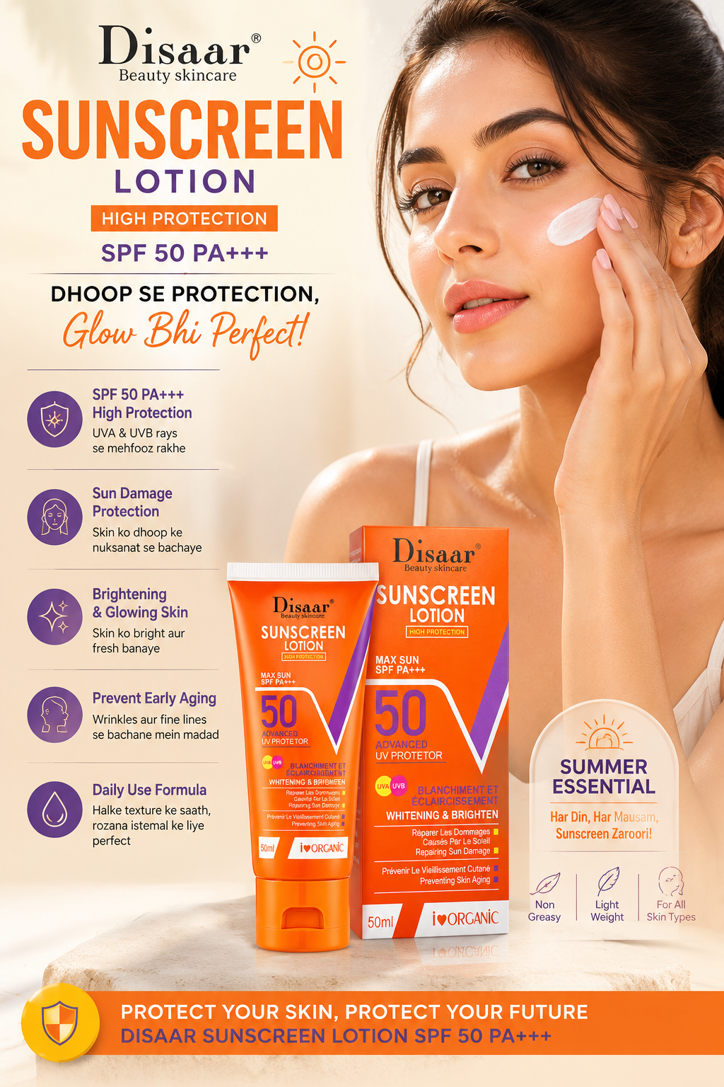 Disaar Sunscreen SPF 50 Moisturizing Sun Block Lotion Waterproof - Image 4